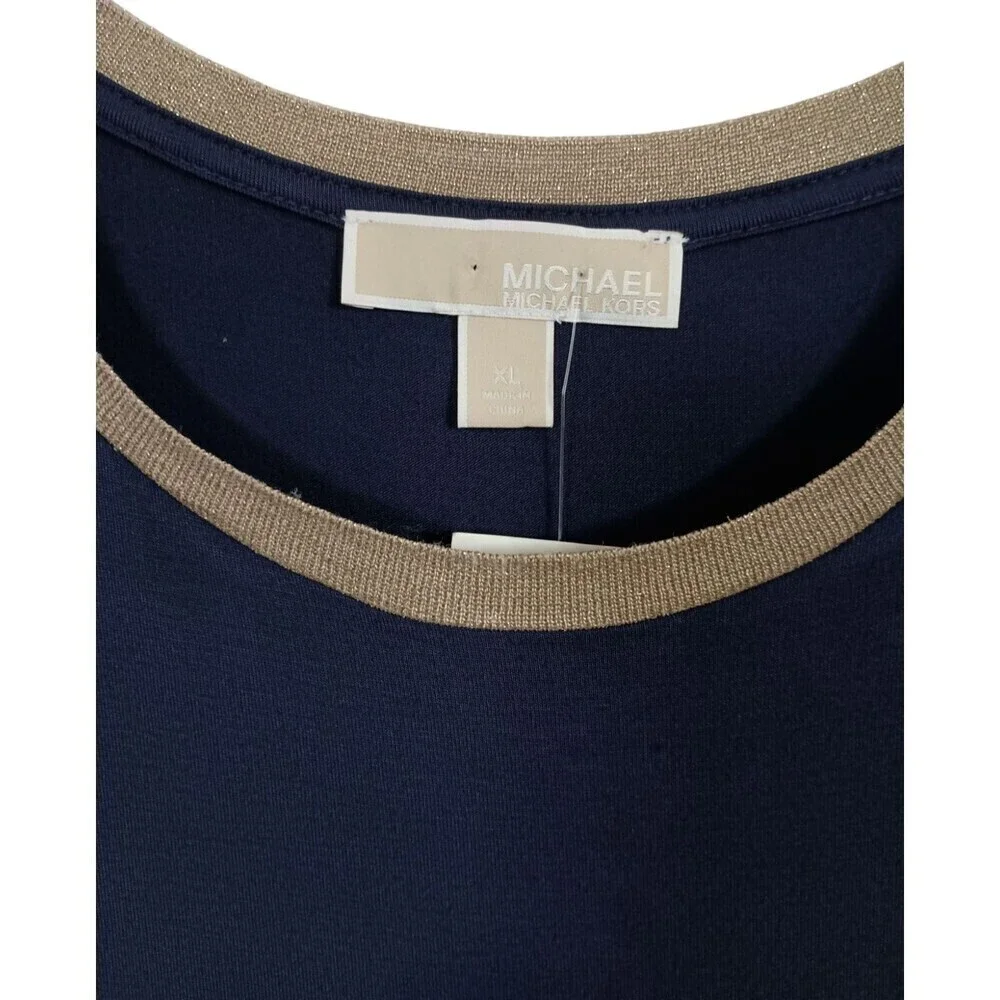 Michael Kors Dress XL Navy Metallic Gold Neckband Stretch Pullover Cap Sleeve